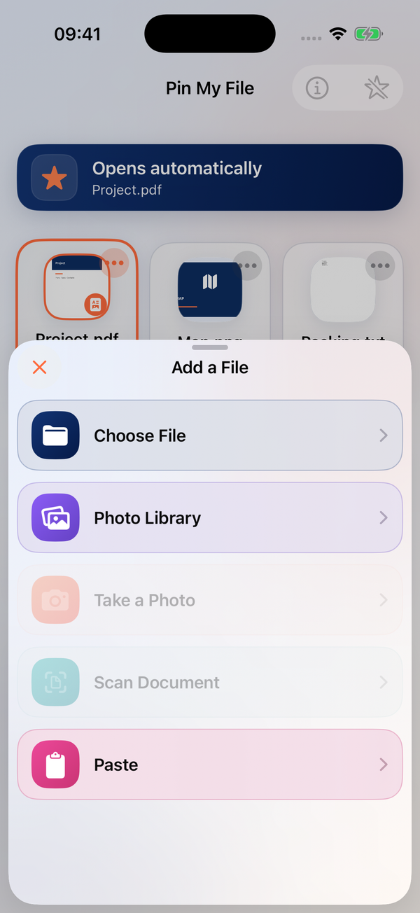 The native add menu. Camera and scanning are unavailable in this simulator capture; they are available on supported iPhones.