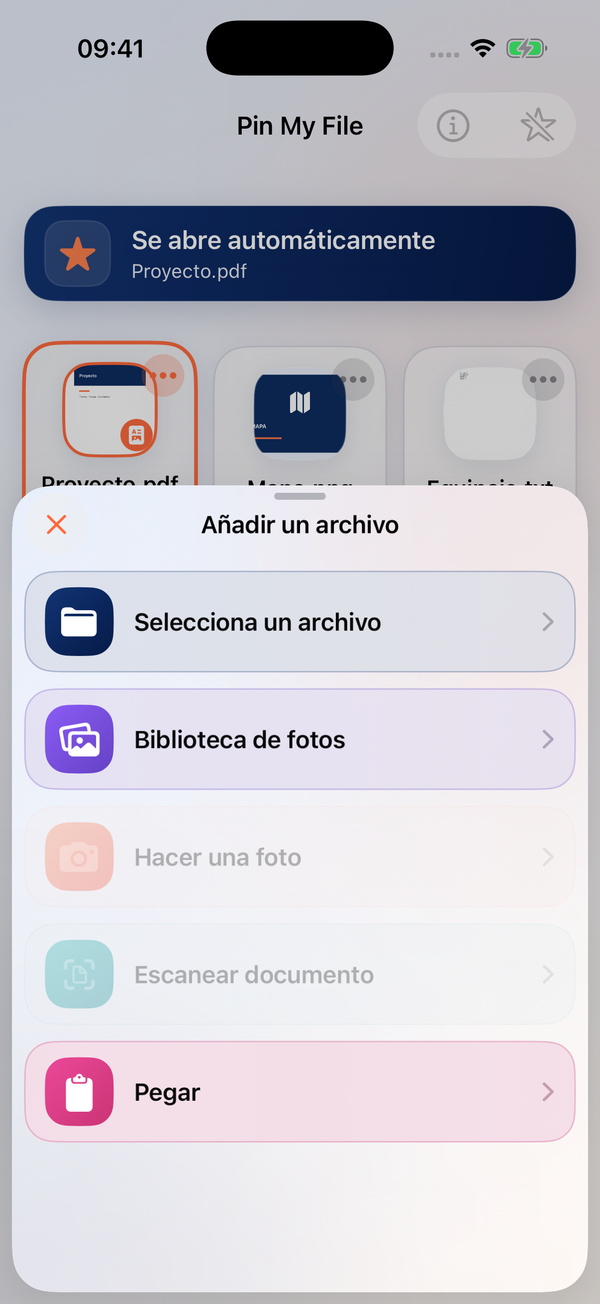 Menú nativo para añadir archivos. La cámara y el escáner no están disponibles en este simulador, pero sí en los iPhone compatibles.