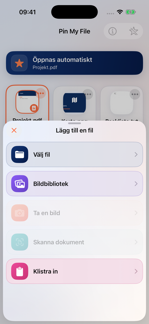 Appens meny för att lägga till filer. Kamera och skanning är inte tillgängliga i simulatorn som bilden visar, men finns på iPhone-modeller som stöder dem.