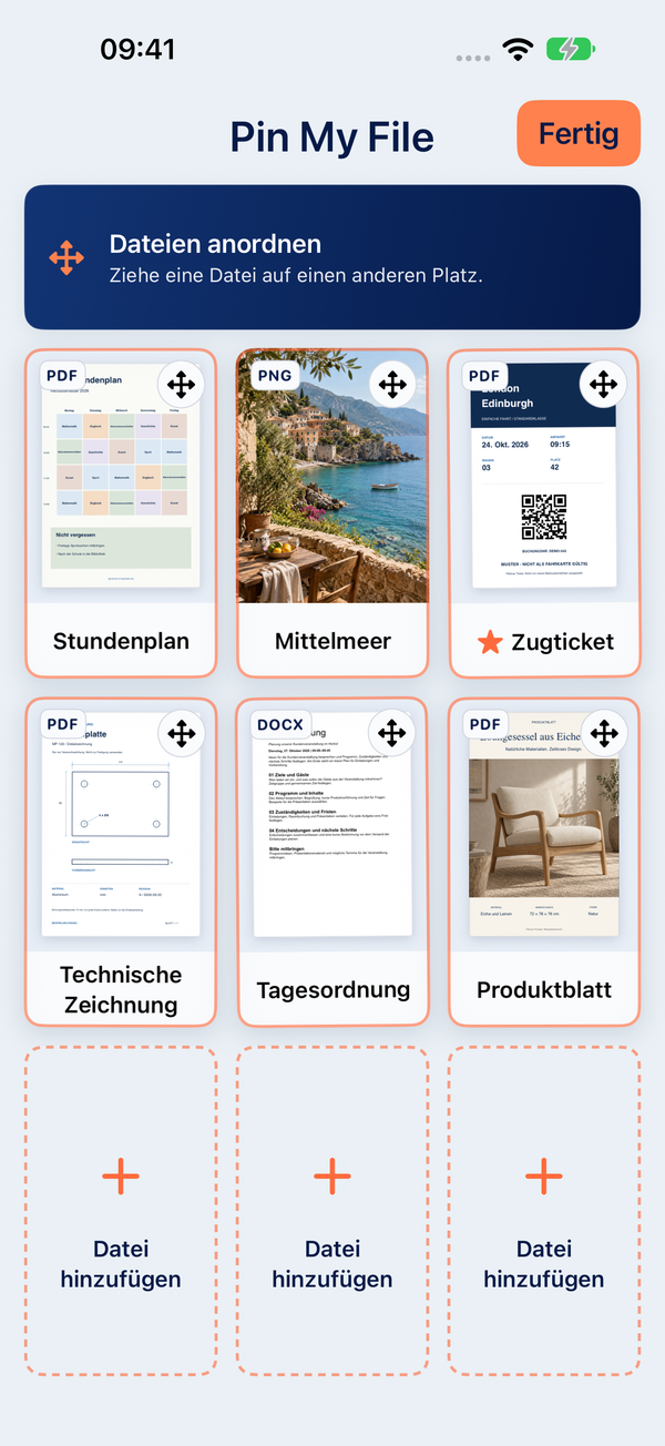 Der Modus Dateien anordnen. Ziehe Dateien an die gewünschte Stelle und tippe dann auf Fertig.