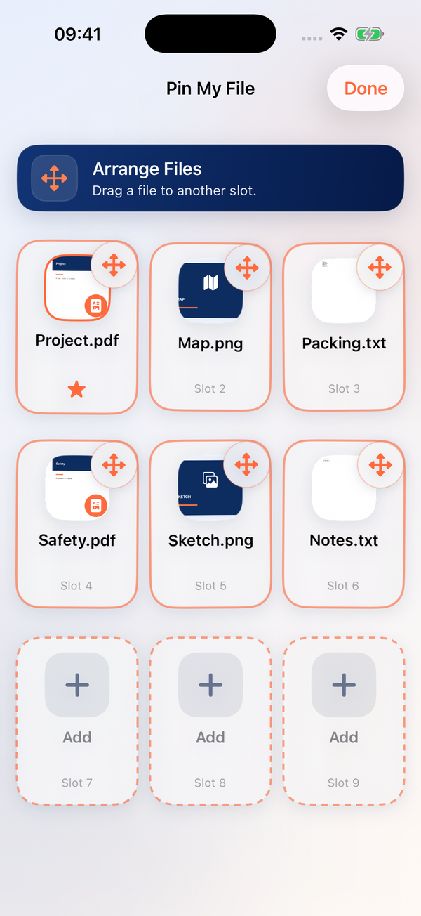Arrange Files is active. The Done button ends arranging and the outlined slots show where files can go.