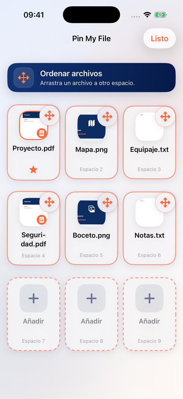 Ordenar archivos está activo. Listo sale de este modo y los espacios resaltados indican dónde puedes colocar los archivos.