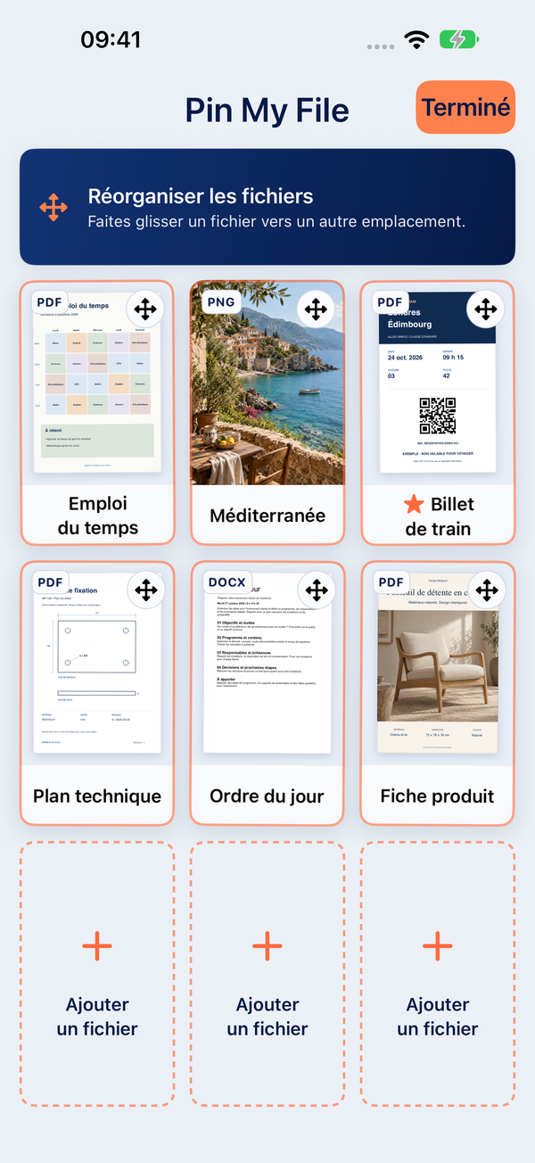 Le mode Réorganiser les fichiers. Faites glisser les fichiers, puis touchez Terminé.