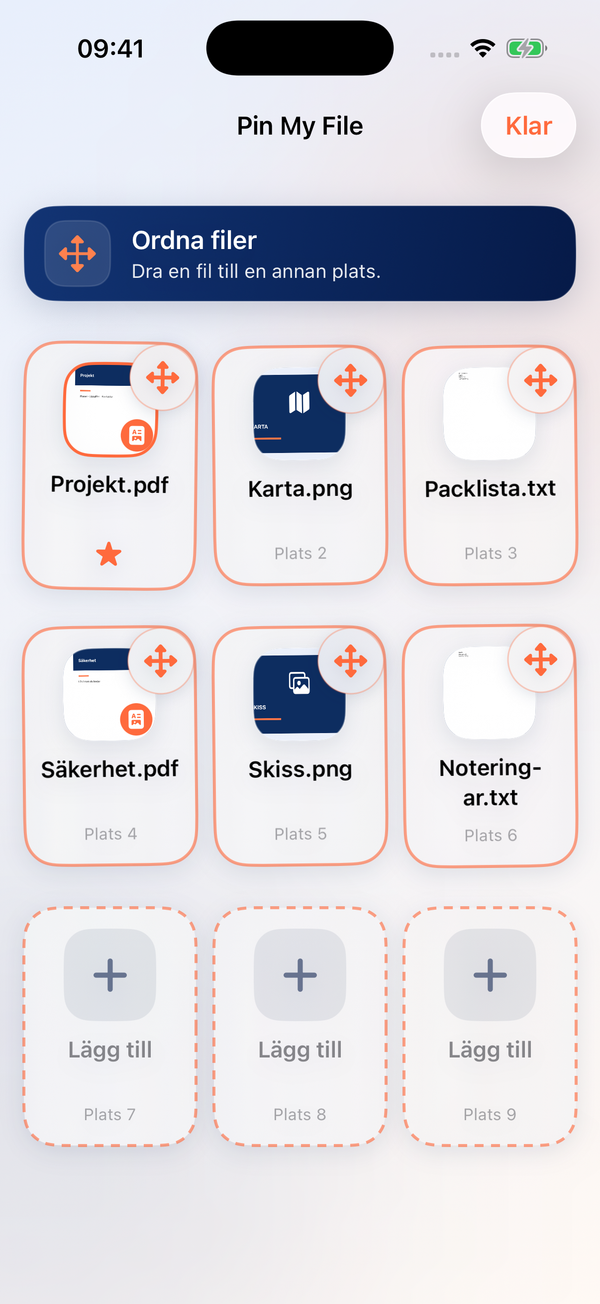 Ordna filer är aktiverat. Klar avslutar läget och de markerade platserna visar var filerna kan placeras.