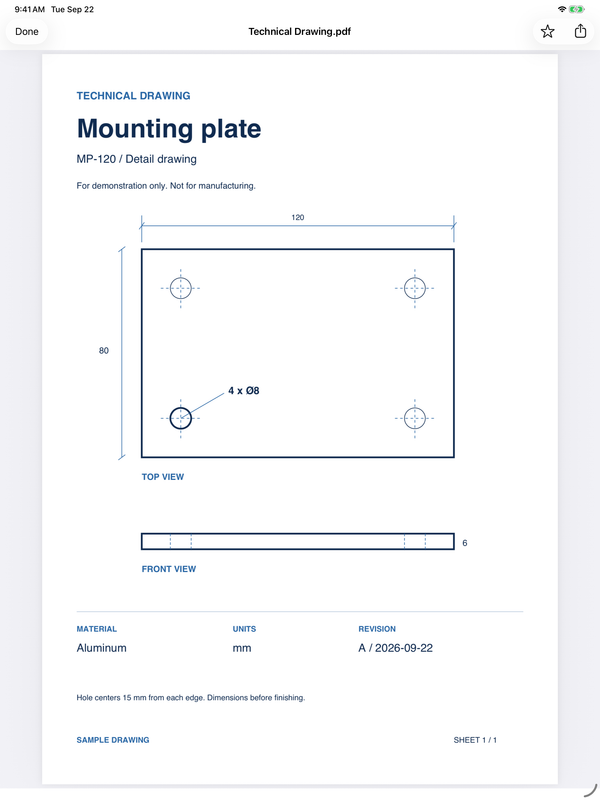 A sample technical drawing shown in the full-screen iPad preview. Not for manufacturing.