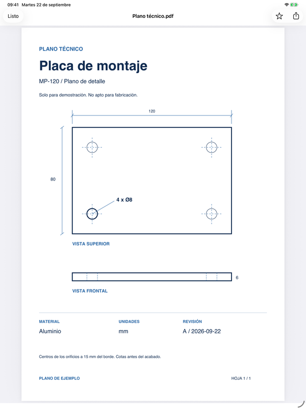Un plano técnico de ejemplo en la vista previa a pantalla completa del iPad. No apto para fabricación.