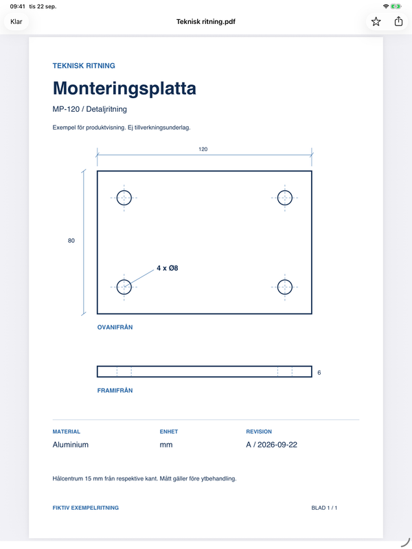 En teknisk exempelritning i iPads helskärmsvisning. Inte avsedd för tillverkning.