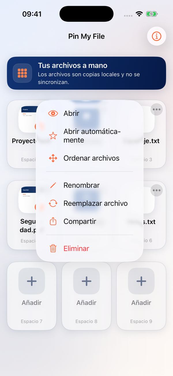 El menú del archivo incluye Abrir automáticamente y Ordenar archivos.