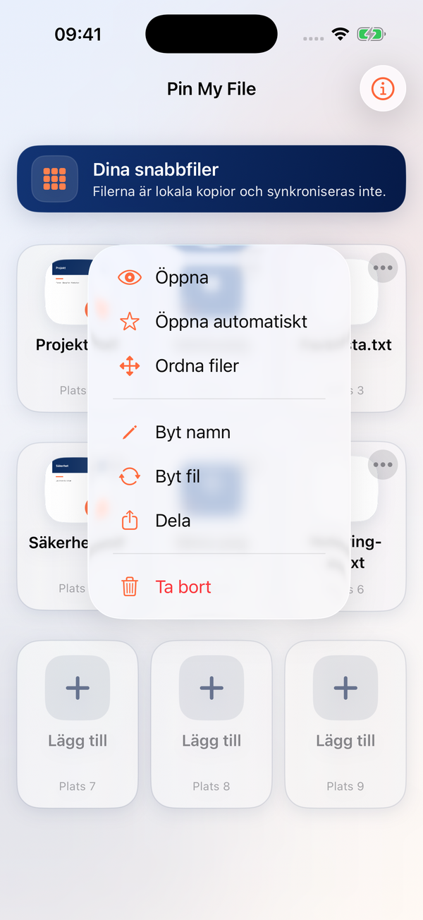 Filens alternativmeny med Öppna automatiskt och Ordna filer.