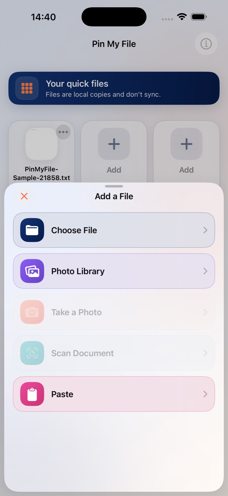 Menú para añadir de Pin My File con Archivos, Fototeca, Cámara, Escáner de documentos y Pegar