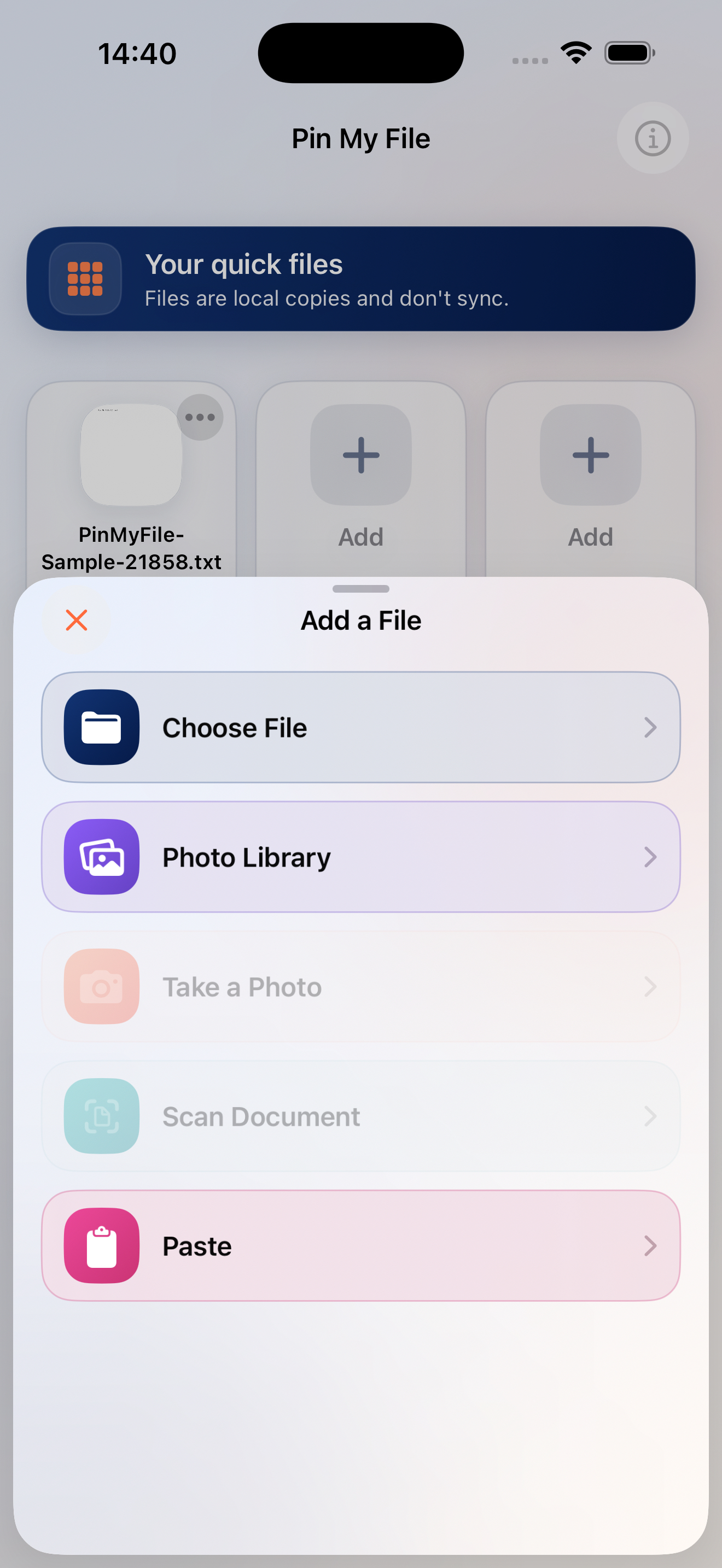 Pin My File add menu with Files, Photo Library, Camera, Document Scanner, and Paste