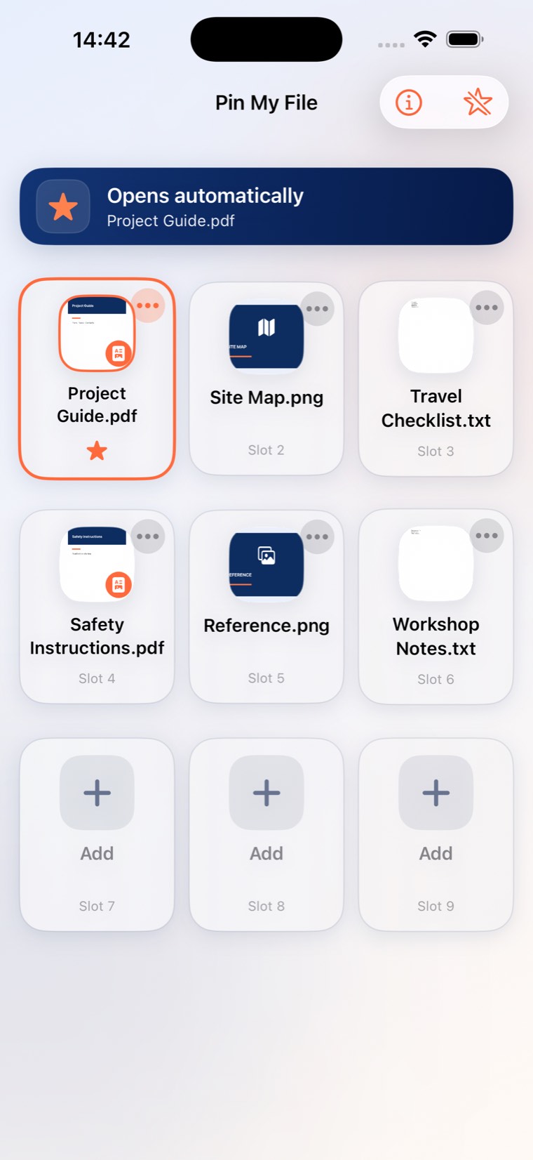 Pin My File con seis archivos de ejemplo, tres espacios vacíos y un archivo marcado con una estrella para abrirse automáticamente
