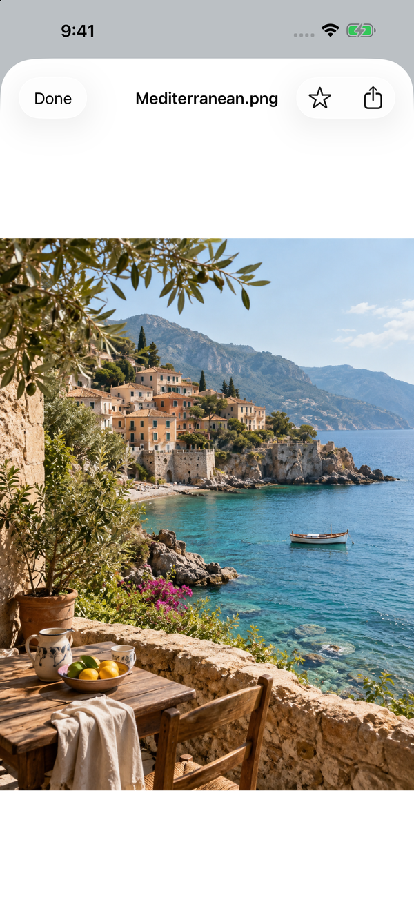 A sample Mediterranean photo open on iPhone.