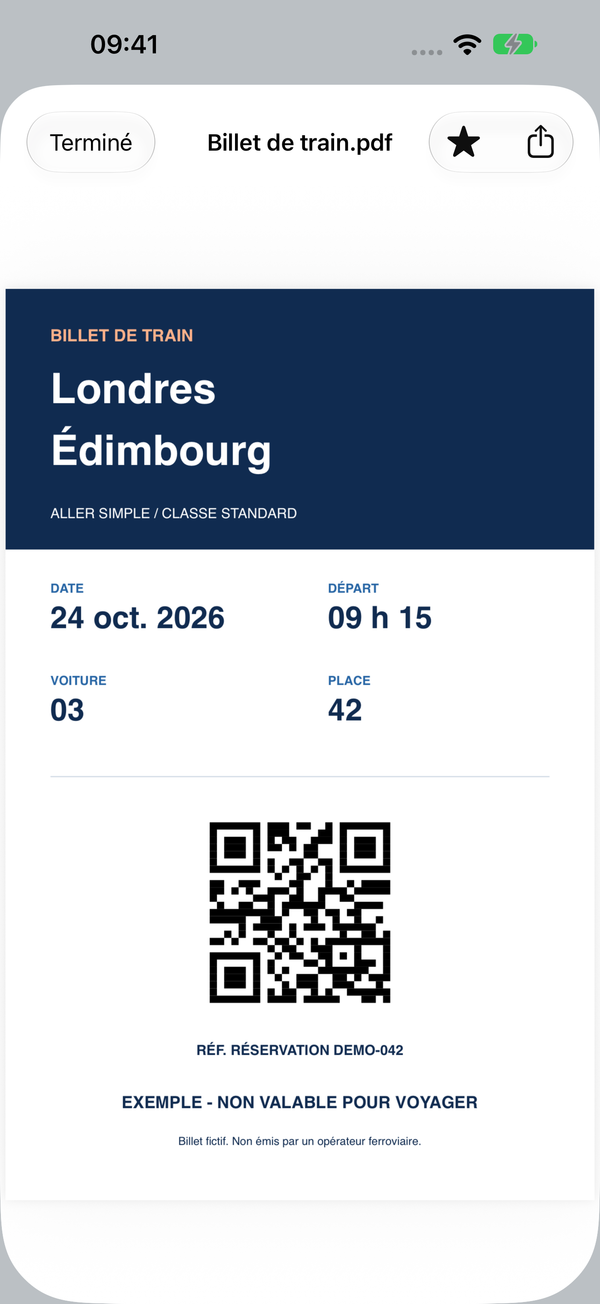 Le billet de train d’exemple ouvert dans l’aperçu de Pin My File.
