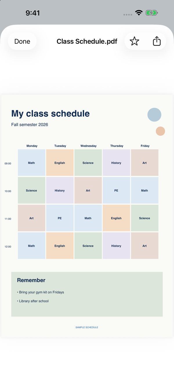 A sample class schedule open on iPhone.