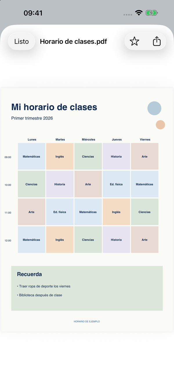 Un horario de clases de ejemplo abierto en el iPhone.