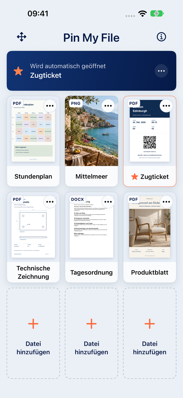 Pin My File auf Deutsch mit sechs Beispieldateien. Das Zugticket ist zum automatischen Öffnen ausgewählt.
