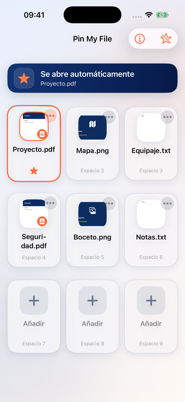 Proyecto.pdf está seleccionado. La estrella y el aviso confirman la elección.