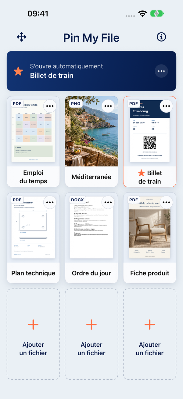 Pin My File en français avec six fichiers d’exemple. Le billet de train est sélectionné pour l’ouverture automatique.
