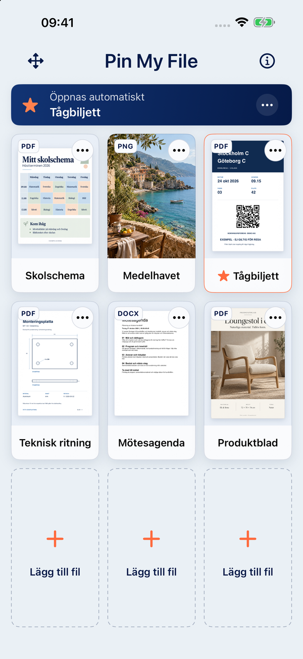 Pin My File på iPhone med skolschema, fotografi, tågbiljett, teknisk ritning, Word-dokument och produktblad. Tågbiljetten är vald för automatisk öppning.