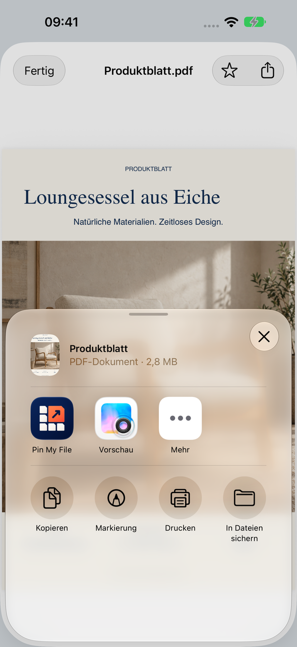 Das Teilen-Menü eines Dokuments in Pin My File.