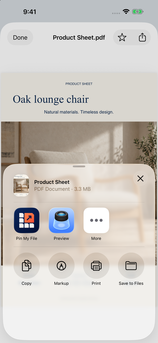 Sharing a sample product sheet using the iPhone share menu.