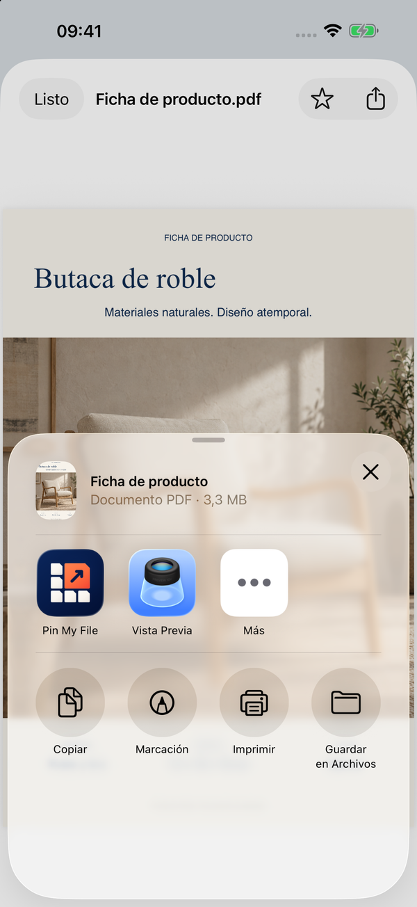 Una ficha de producto de ejemplo en el menú Compartir del iPhone.
