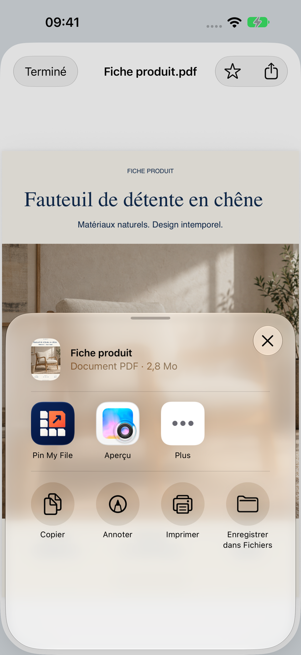 Le menu de partage du document dans Pin My File.