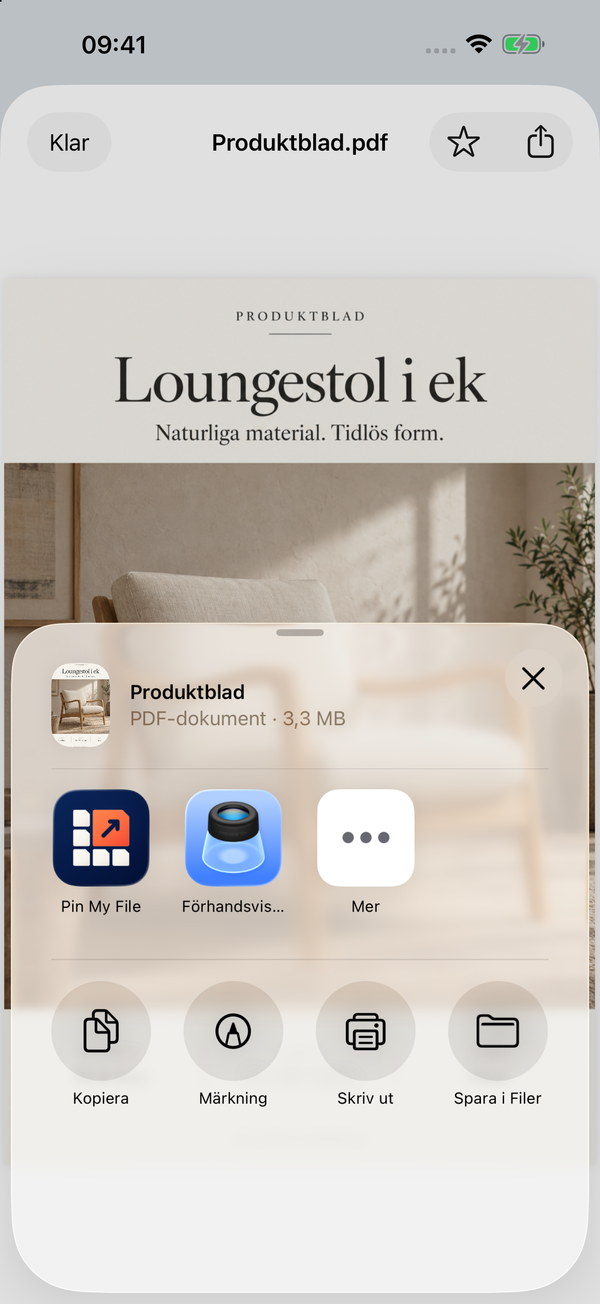Ett produktblad delas via iPhones delningsmeny. Exempelfil.