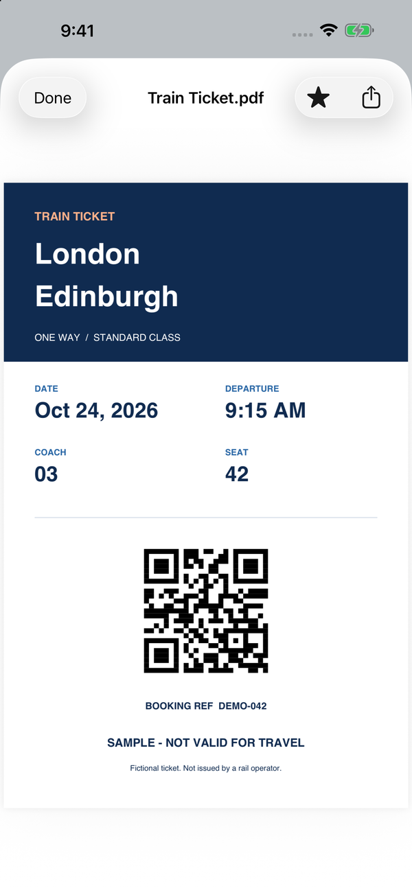 A sample train ticket opens directly, ready to show. Not valid for travel.
