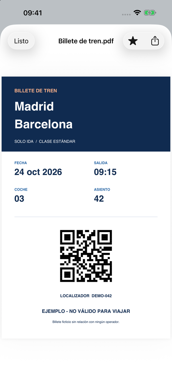Un billete de ejemplo se abre directamente, listo para enseñarlo. No es válido para viajar.