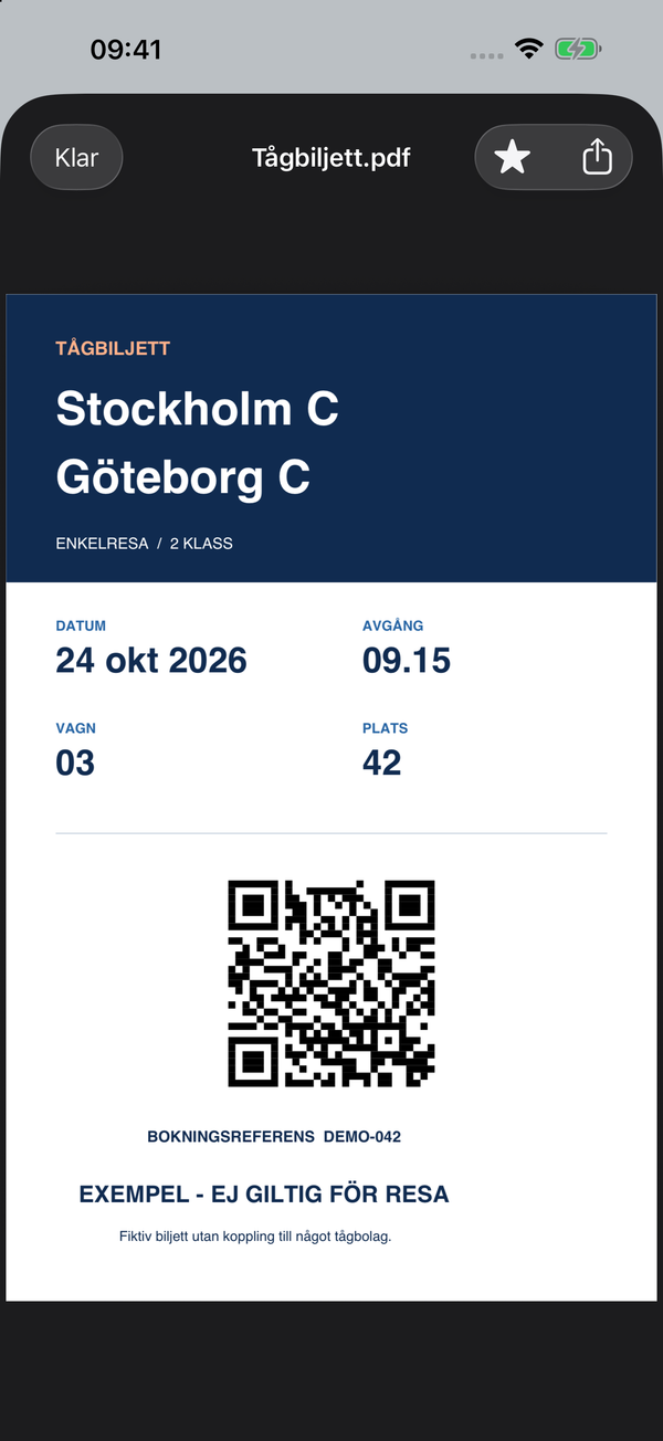 En exempelbiljett öppnas direkt, redo att visas upp. Gäller inte som färdbevis.