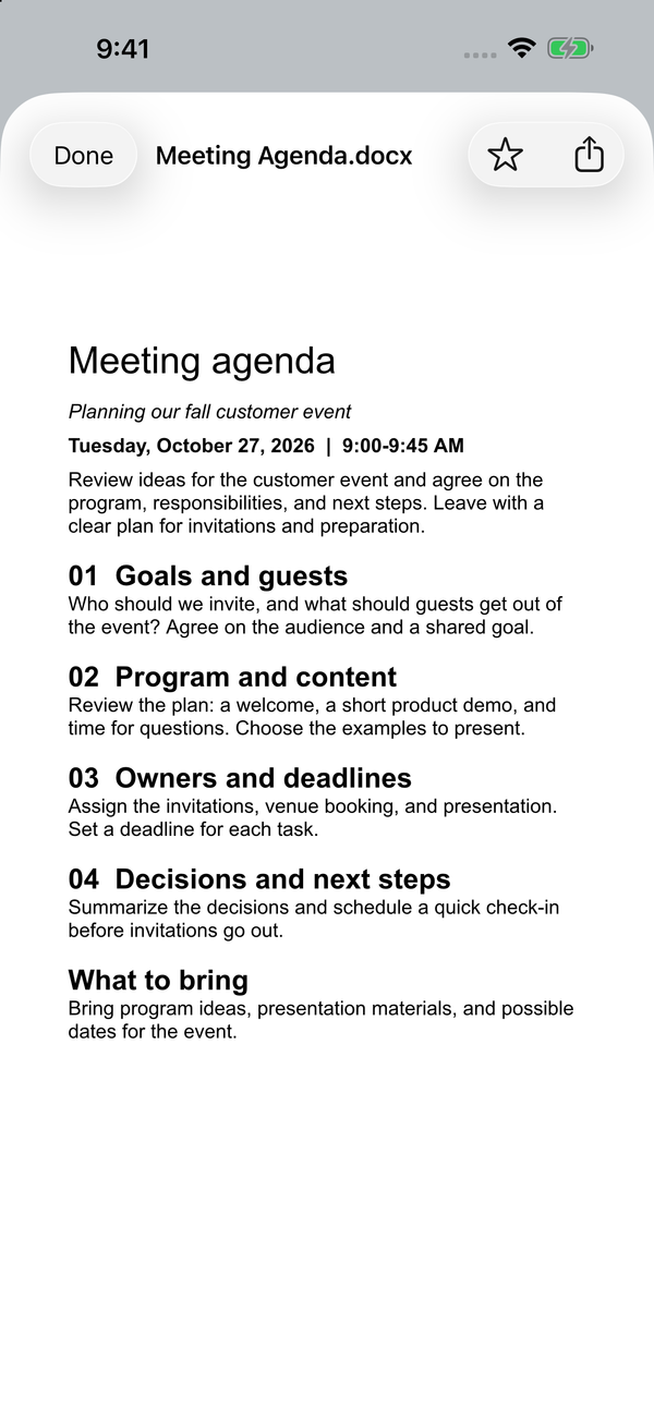 A sample Word meeting agenda open on iPhone.