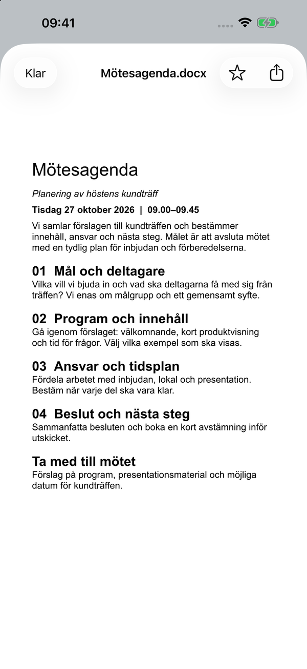 En exempelagenda i Word-format öppnad på iPhone.
